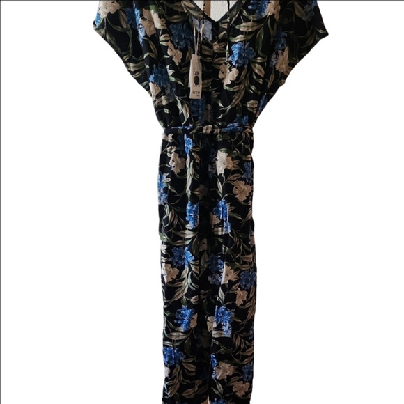 Kensie Black Floral Jumpsuit with Blue and White Accents - Picture 2 of 7